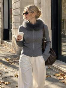 Áo cardigan len gân nữ có khóa kéo, cổ tròn lông giả, tay dài, dáng vừa, áo top cho trang phục mùa đông & mùa thu - Xám - Xem 4