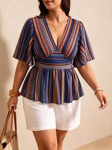 Rusttydustty Plus Size Women's Bohemian Vacation Casual Blue Striped Cinched Waist V-Neck Ruffle Sleeve Short Sleeve Top, Suitable For Autumn, Halloween Summer - Blue - View 2