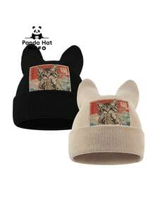 MLFO Unisex 2-In-1 Cat Ear Knit Beanie, Vintage Japanese Ramen Cat Pattern Printed Hat, Fashion Accessory, Suitable For Halloween, Christmas, Daily Outdoor Gatherings - Kitten Eating Noodles - View 5