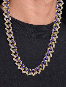 Men's Rhinestone Diamond Rhombus Cuban Link Necklace, Dual-Color Blue & Transparent Hip Hop Chain, Gold/Silver Exaggerated Rapper Jewelry, Suitable For Party & Daily Wear - Two-tone Diamond Cuban Link Chain - View 10