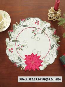 1PC 100% Polyester Christmas Embroidered Poinsettia Table Runner, Scalloped Edge Holly Berry Table Runner, Xmas Holiday Dining Table Decor For Home Party - Multicolor - View 14