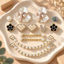13pcs Gold Pearl Hollow Shoe Charms, ABS Flower Heart Rhinestone Chain Shoe Decorations, DIY Shoe Accessories For Women And Girls - Gold Pearl Flower Style - 13PCS - View 9