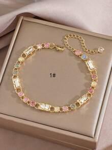 1pc Gorgeous Sparkling Round Square Geometric Colorful Cubic Zirconia Tennis Bracelet, Handmade Original Design Exquisite Bracelet, Suitable For Engagement Party, Daily Wear, Holiday Gift For Friends - Colorful Glitter Bracelet - View 2