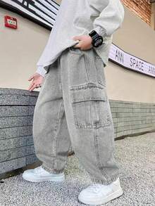 Tween Boy's Fashionable Straight Leg Casual Denim Jeans - Grey - View 2