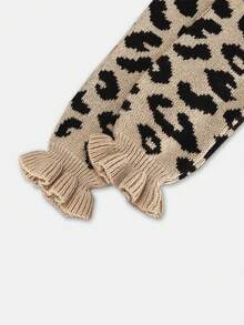 Women's Contrast Leopard Print Jacquard Ruffle Cuff Fall Winter Casual Chic Lazy Versatile Knit Long Sleeve Coat - Apricot - View 7