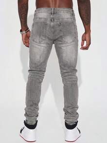 Gray Black Distressed Ripped Denim Jeans, Slim Fit Tapered Leg Jeans For Men, American Street Hip Hop Style Denim Pants, All-Season Stretch Denim Long Pants - Grey - View 4