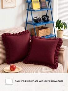HONEYMOON 1pc Cute Ruffle Edge Pillow Case - Polyester Fabric, Romantic French Style, Ruffle Edge Cushion Cover (Pillow Insert Not Included), Envelope Closure, Wrinkle-Resistant, Machine Washable, Burgundy, Autumn Home Decor - Burgundy - View 2
