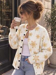 Cardigan Wanita Motif Cetak Seluruh Permukaan, Kasual, Serbaguna, untuk Pemakaian Sehari-hari - Putih - View 1