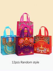 Diwali Gift Bags Happy Deepavali Festival Of Lights Printed Tote Bags With Handles Multicolor Diya Floral Design Party Favor Bags For Holiday Gift Wrapping Candy Treat Storage(4/12/20PCS) - Multicolor - View 12