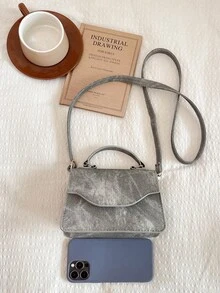 Vintage Flap Handbag, Minimalist Handle Small Square Bag, Women's Detachable Shoulder Strap Crossbody Shoulder Bag - Grey - View 6