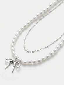 Sorayune 2pcs Luxury Sweet Double Layer Crystal Bowknot Pearl Necklace, Delicate Collarbone Chain Necklace Accessories For Women - Silver - View 6