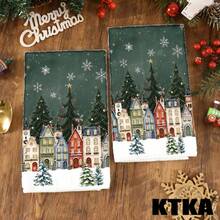 2Pcs Christmas Kitchen Towels, Snowy Christmas Town Houses & Pine Tree Print, Xmas Kitchen Decor, Winter Holiday Table Ornament, Farmhouse Christmas Home Decoration Gift - Multicolor - View 7
