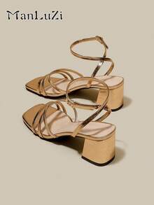 ManLuZi Women's Champagne Color Cross Strap Open Toe Lace Up Chunky Heel Sandals, Summer Shoes - Champagne - View 1