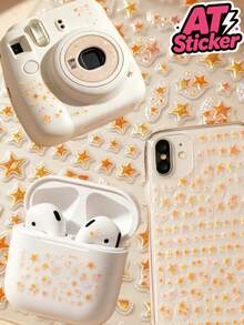 1pc Glitter Star Decorative Sticker, Orange Gold Multi-Size Five-Pointed Star Epoxy Sticker, Transparent Base Glitter Star Pattern, Self-Adhesive Waterproof Wear-Resistant Sticker, Fresh Atmosphere DIY Decoration Sticker, Suitable For Instant Camera, Phone Case, Bluetooth Earphone Case, Storage Box, Water Cup, Digital Shell Decoration And Modification - 7x8 - View 1