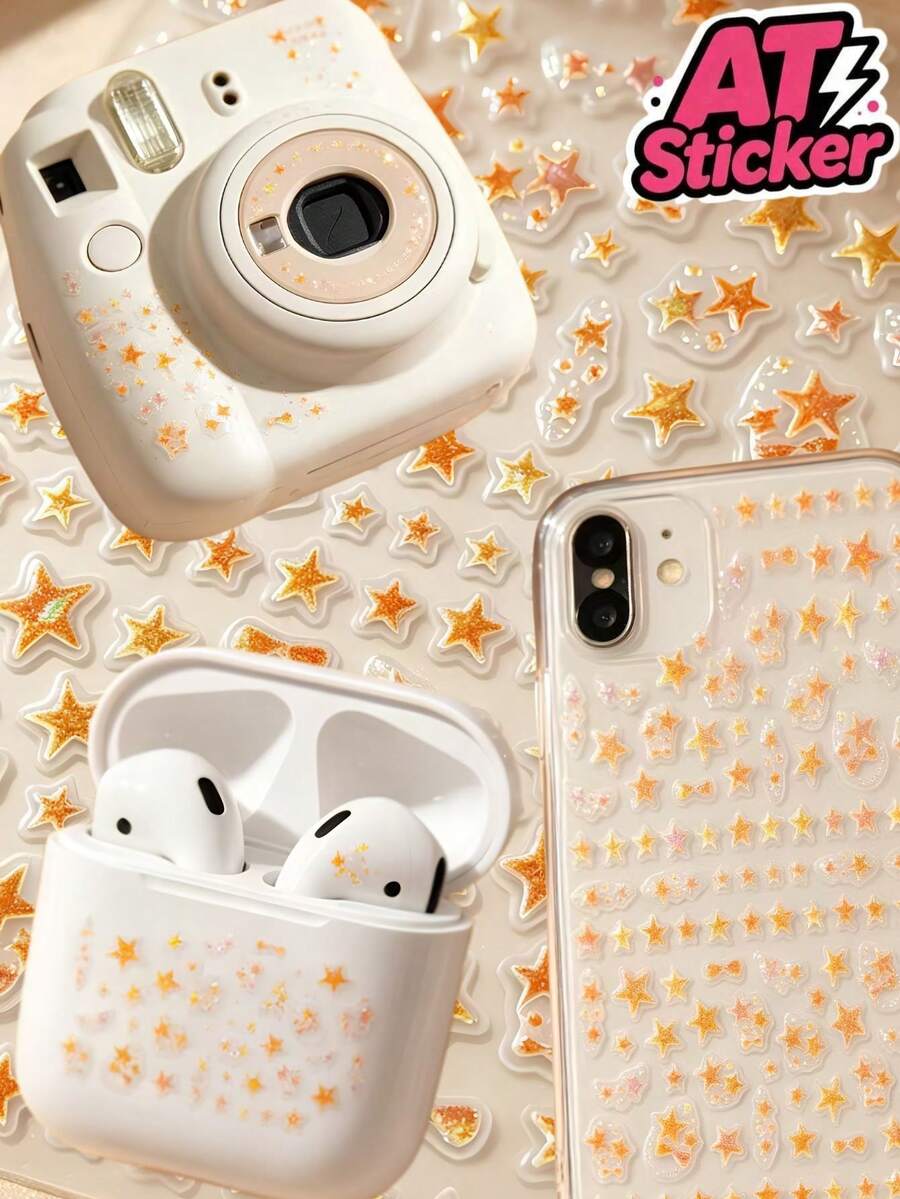 1pc Glitter Star Decorative Sticker, Orange Gold Multi-Size Five-Pointed Star Epoxy Sticker, Transparent Base Glitter Star Pattern, Self-Adhesive Waterproof Wear-Resistant Sticker, Fresh Atmosphere DIY Decoration Sticker, Suitable For Instant Camera, Phone Case, Bluetooth Earphone Case, Storage Box, Water Cup, Digital Shell Decoration And Modification - 7x8 - View 1