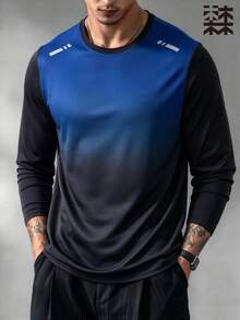 mulinsen Men's Gradient Raglan Sleeve Long Sleeve T-Shirt, Crew Neck Geometric Print, Elastic Quick-Dry Slim Fit Sports Casual Top - Blue - View 4