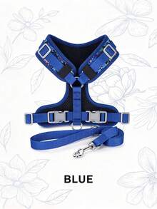 Dog Harness And Leash Set, Floral Pattern Double-Layer Breathable Mesh Vest Harness, Adjustable Soft Wear-Resistant Pet Walking Harness And Leash Set, Suitable For Small And Medium Dogs - Blue - View 3