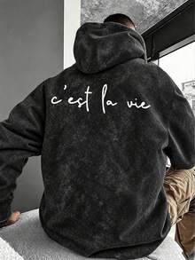 Men's C'est La Vie Slogan Hoodie, Minimalist Loose Fit Washed Pullover Sweatshirt - Black - View 5