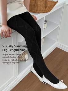 جوارب ضيقة سوداء بنقشة ماسية مجوفة، تصميم مضلع عمودي، أسلوب جامعي، ملابس يومية للنساء في الربيع/الخريف (مناسبة لدرجة حرارة 15-25°C) - متعدد الألوان - مشاهدة 3