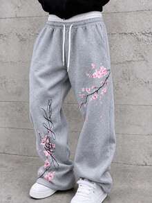 Men's Autumn/Winter Thermal Lined Printed Double Waistband Sweatpants, Loose Casual Wide Leg Pants For Commuting - Light Grey - View 1