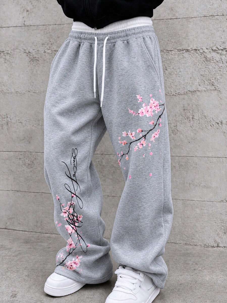 Men's Autumn/Winter Thermal Lined Printed Double Waistband Sweatpants, Loose Casual Wide Leg Pants For Commuting - Light Grey - View 1