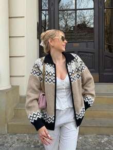 Cozy Women Long Sleeve Zip Up Cardigan Sweater Featuring A Classic Boho Geometric Pattern And A Fold Down Collar Ideal For Fall And Winter Weather - Coffee Brown - View 1