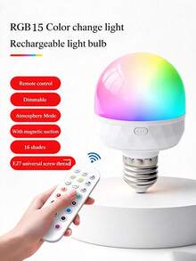 1pc RGB Color Changing Night Light With Remote Control, Rechargeable Magnetic LED Bulb, 15 Colors Dimmable Timing Lamp, 2 Installation Ways For Party Closet Cabinet Decor - 1 - View 4