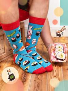 4 Pairs Fun Food Jacquard Mid-Calf Socks, Unisex Sushi Pizza Burger Cartoon Pattern Socks, Personalized Casual Versatile Creative Long Socks - Multicolor - View 3