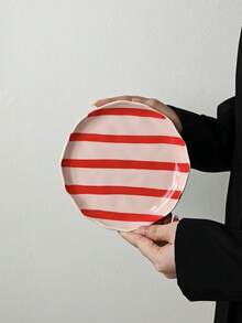 1pc/2pcs/4pcs Ins Style Cute Hand-Painted Dual-Color Striped Ceramic Plate, Breakfast Bread Plate, Western Dinner Plate, Dessert Cake Plate, Fruit Salad Plate, Holiday Gift For Family And Friends - Multicolor - View 15