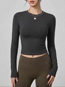 Women's Solid Color Crew Neck Compression Sports T-Shirt, - Grey - View 2
