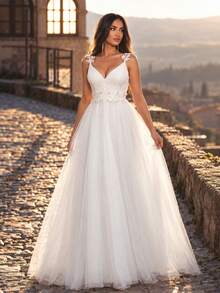 EVERPRETTY Elegant Lace Contrast Color Mesh Sleeveless Wedding Dress, Graceful White Bridal Gown Fall - White - View 2