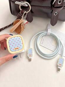 1PC Light Blue Red Polka Dot Cookie Style Charger Protector Set, Wavy Edge Charger Head Case + Matching Pattern Data Cable Connector Sleeve + Light Blue Spiral Protector Rope, Compatible With 40W 20W Charger Head, Retro Cute Girl Charging Accessories, Suitable As Birthday Gift, Holiday Gift For Friends, Family, Couples, Yourself - Baby Blue - View 3