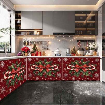 1 Stück Weihnachtsserie Schleife & Zuckerstange roter Hintergrund Schneeflocken Muster Polyester Kurzplüsch Tischdecke, Küchenschrank Vorhang, leicht aufzuhängen, ideale Heimdekoration für Küchenschränke, Wäscheschränke, Aufbewahrungsschränke und kurze Fenster-Vorhänge