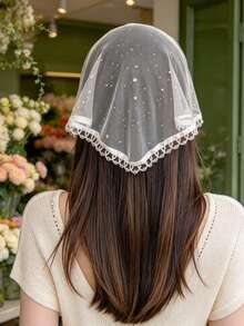 1pc Fashionable Sequin Light Ivory Veil Headband, Crystal Bead Trim Solid Color Tulle Short Bridal Hair Accessory, Party Hair Accessory - Light Ivory - View 2