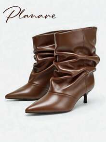 planare New Women's Fashionable Personalized Ruched Mid-Calf Brown Boots, Slip-On Pointed Toe Kitten Heel Street Casual Slouchy Boots, Slimming - Brown - View 7