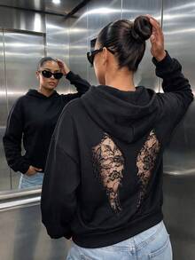 Women's Casual Fleece Lined Backless Hollow Lace Angel Wing Silhouette Hooded Sweatshirt, Daily Wear, Autumn/Winter Clothing, Autumn/Winter Outfit, Outdoor Outfit - Black - View 2