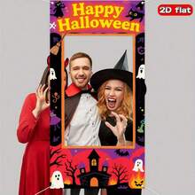 2D Flat Banner, 1pc, Halloween Theme Photo Prop, Polyester Material, Colorful Playful Design With Ghost And Witch Elements, Suitable For Indoor And Outdoor Home Use - Style 1 - View 6