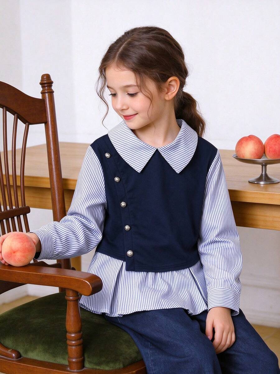 8-12 Years Old Tween Girls Spring/Autumn New College Style Blue & White Striped Color Block 2-In-1 Single-Breasted Lapel Long Sleeve Pullover Shirt Top - Blue - View 1