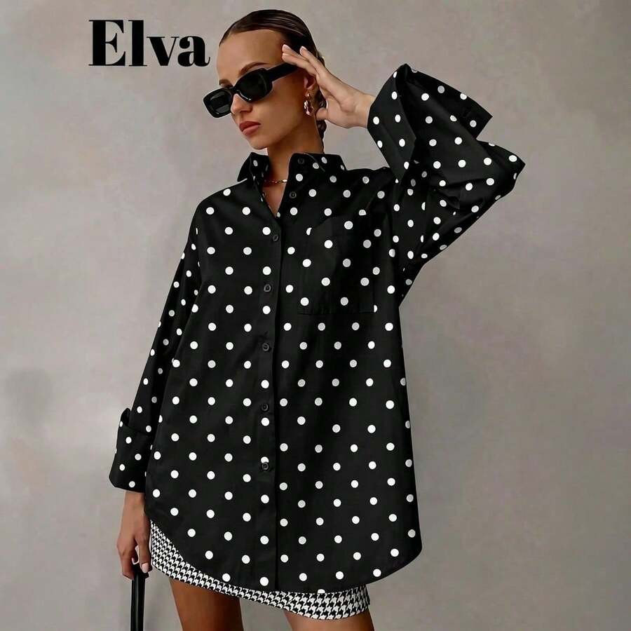 QIANZHIDU Elva 女款秋季通勤寬鬆落肩翻領長袖襯衫，適合派對、街頭風、外出、辦公室