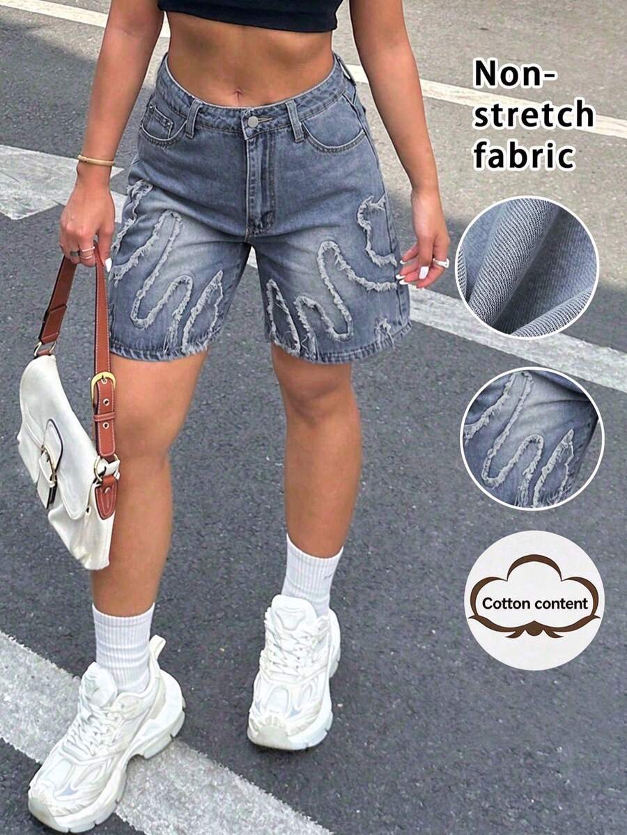 High Waist Distressed Denim Shorts, Frayed Hem Design, Zipper & Button Closure, With Pockets, Casual & Fashionable For Women Summer