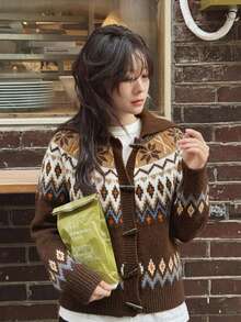Cardigan Sweater Kancing Depan Motif Fair Isle, Leher V, Lengan Panjang, Rajutan Cokelat, Potongan Pendek, Lapisan Musim Gugur/Dingin Vintage dengan Pesona Nordik - MultiWarna - View 3