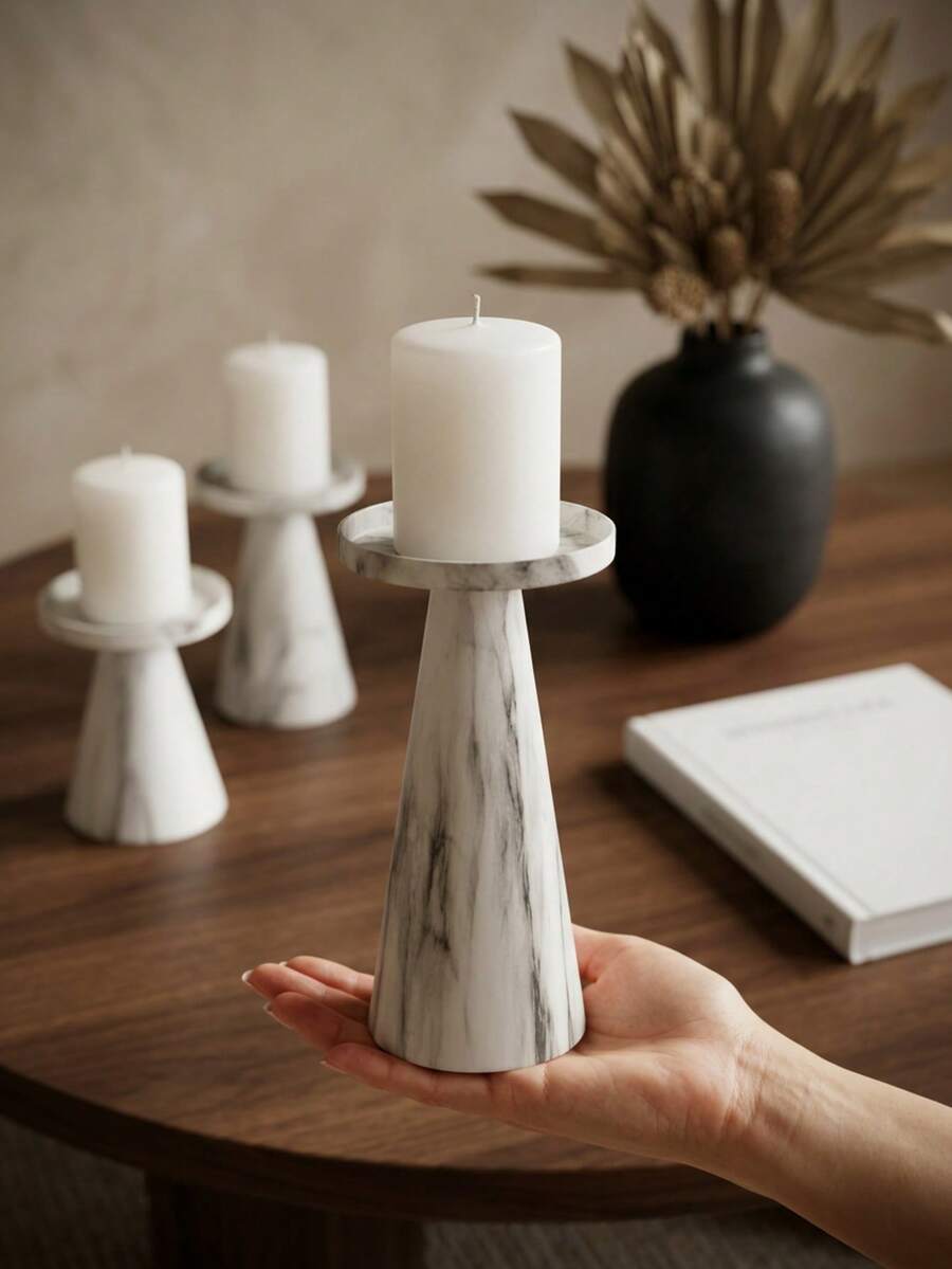 Marble Look Candle Holder, Pillar Candle Stand, Table Centerpiece Decor, Shelf Aesthetic Decor, Farmhouse Candle Holders, Wedding Table Decor, Housewarming Decor Gift,Wedding Home Decor,Christmas Table Centerpiece Decor,Dinner Party Decor. - Minimalist and Stylish - View 1