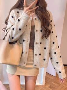 Korean Style Polka Dot Round Neck Knit Cardigan Women Autumn Winter Loose Versatile Soft Cozy Slouchy Sweater Jacket - Apricot - View 5