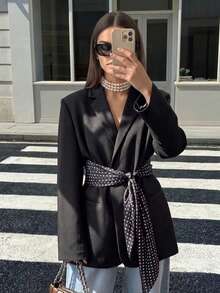Women's Fashion Versatile Black Polyester Long Sleeve Blazer With Polka Dot Belt Design, Suitable For Daily Commute, Travel, Streetwear, Perfect For Elegant Autumn/Winter Outfits - Black - View 3