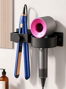 Wall-Mounted Hair Dryer Holder 2/3 Compartment Self-Adhesive Storage Box, Multi-Function Organizer For Curling Iron, Straightener, Comb, Home Bedroom Bathroom Dorm Decor, Bathroom Storage Accessories, Back To School Essentials - Multicolor - View 6