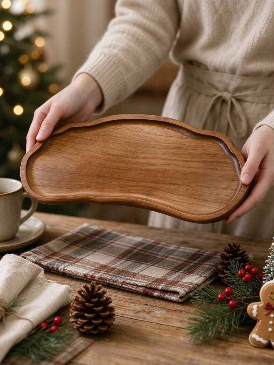 1 Buah Nampan Saji Kayu Akasia Alami Berbentuk Tidak Beraturan, Piring Kayu Solid dengan Tepi Bergelombang untuk Sarapan, Kopi, Makanan Penutup, Buah, Penyimpanan Perhiasan & Barang Kecil, Piring Dekorasi Kayu Serbaguna untuk Pesta Liburan Natal, Meja Dapur, Meja Rias, Dekorasi Rumah