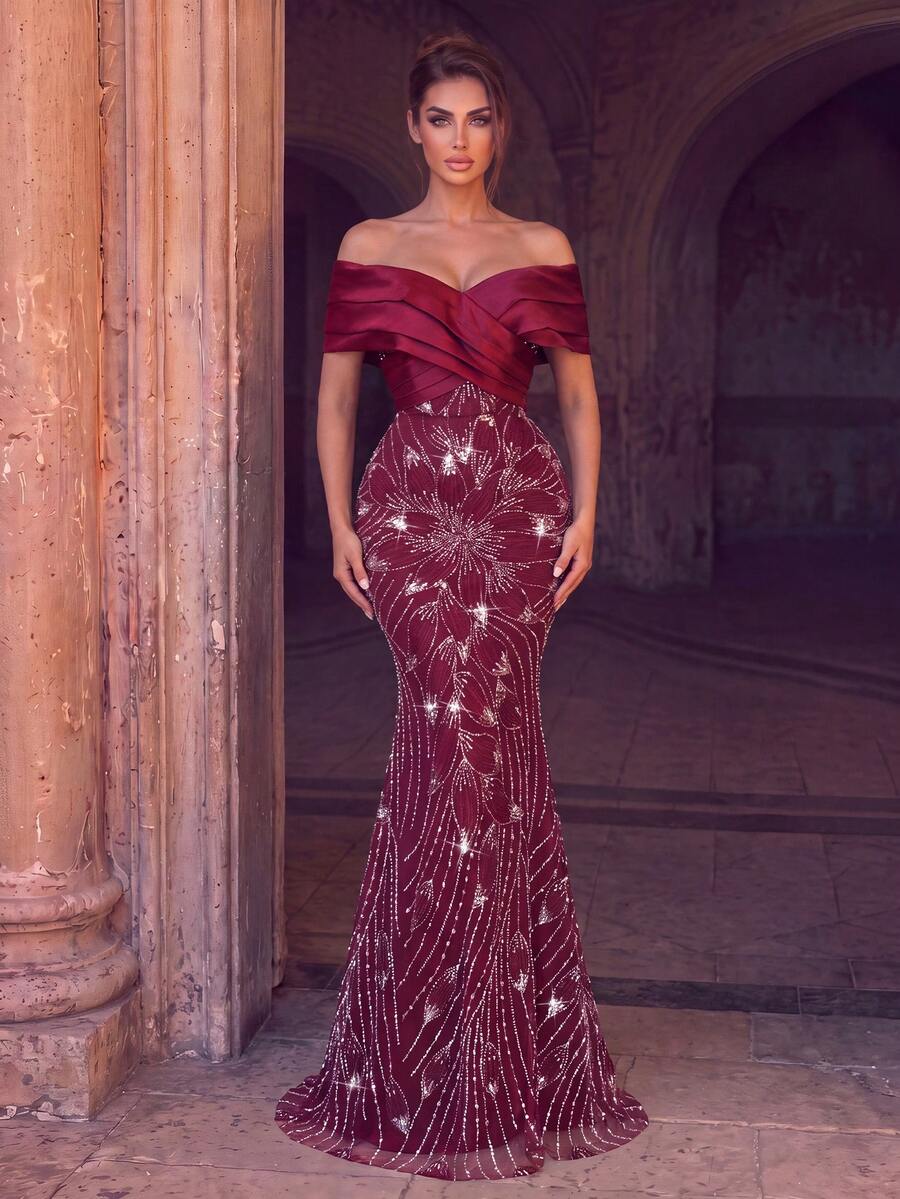 Women's Elegant Burgundy Sequin Formal Gown, Cold Shoulder Long Mermaid Women's Elegant Burgundy Sequin Formal Gown, Cold Shoulder Long Mermaid