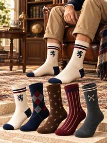 5 Pairs Men's British Retro Mid-Calf Socks, Argyle Striped Geometric Pattern Preppy Knit Socks, Business Casual Commute Office Daily Versatile Men's Socks - Multicolor - View 2