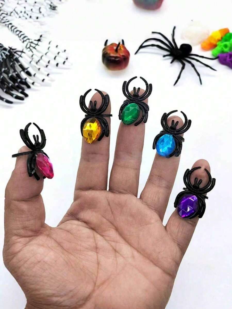 40pcs Halloween Diamond Little Spider Ring Colorful Gemstone Ring Plastic Jewelry Prank - A - View 1