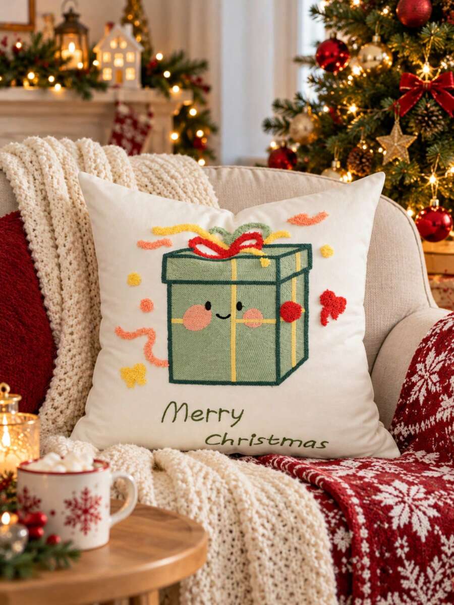1pc/2pcs Christmas Gift Box Embroidered Pillowcase, Cute Cartoon Fun Cushion Cover, Ivory White Children's Christmas Throw Pillow Cover, Suitable For Sofa, Living Room, Baby Room, Fun Holiday Home Decor, Size 18x18, Insert Not Included - Green - View 1